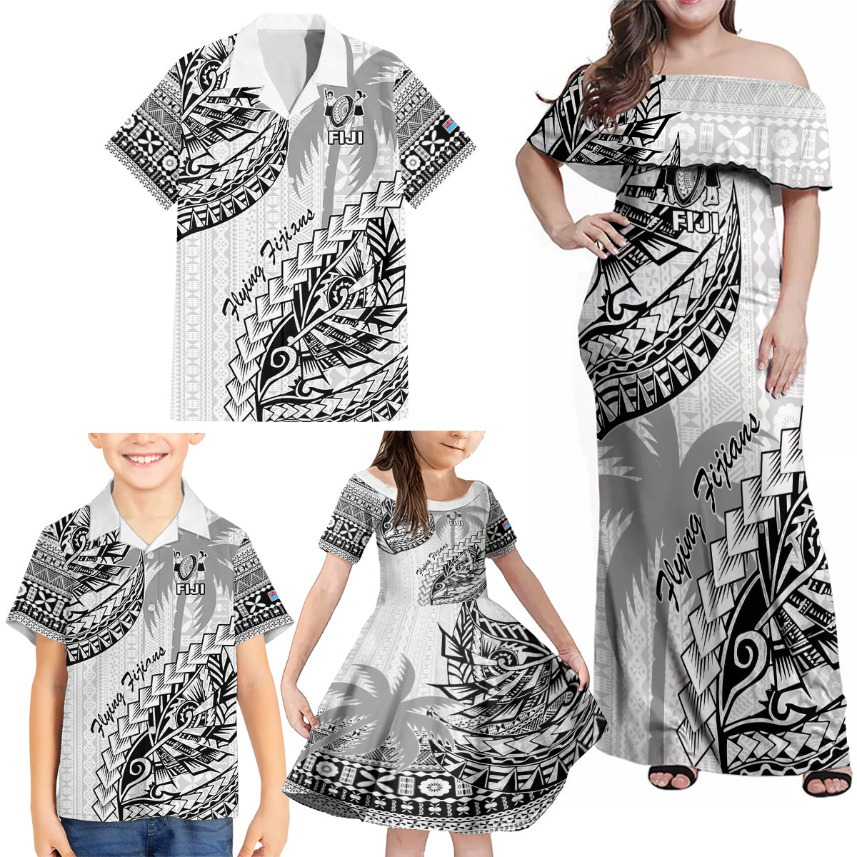 Fiji Rugby Family Matching Off Shoulder Maxi Dress and Hawaiian Shirt Kaiviti Fijian Tribal World Cup White LT9 - Polynesian Pride