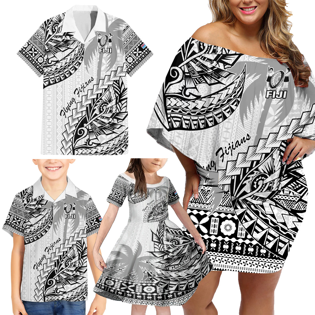 Fiji Rugby Family Matching Off Shoulder Short Dress and Hawaiian Shirt Kaiviti Fijian Tribal World Cup White LT9 - Polynesian Pride