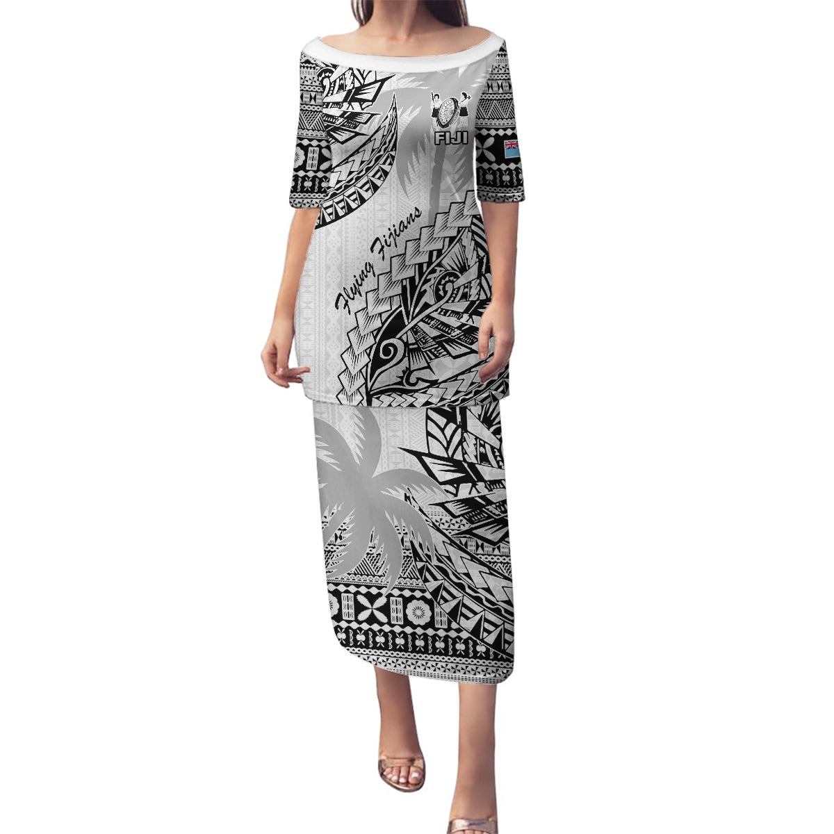 Fiji Rugby Family Matching Puletasi Dress and Hawaiian Shirt Kaiviti Fijian Tribal World Cup White LT9 Mom's Dress White - Polynesian Pride