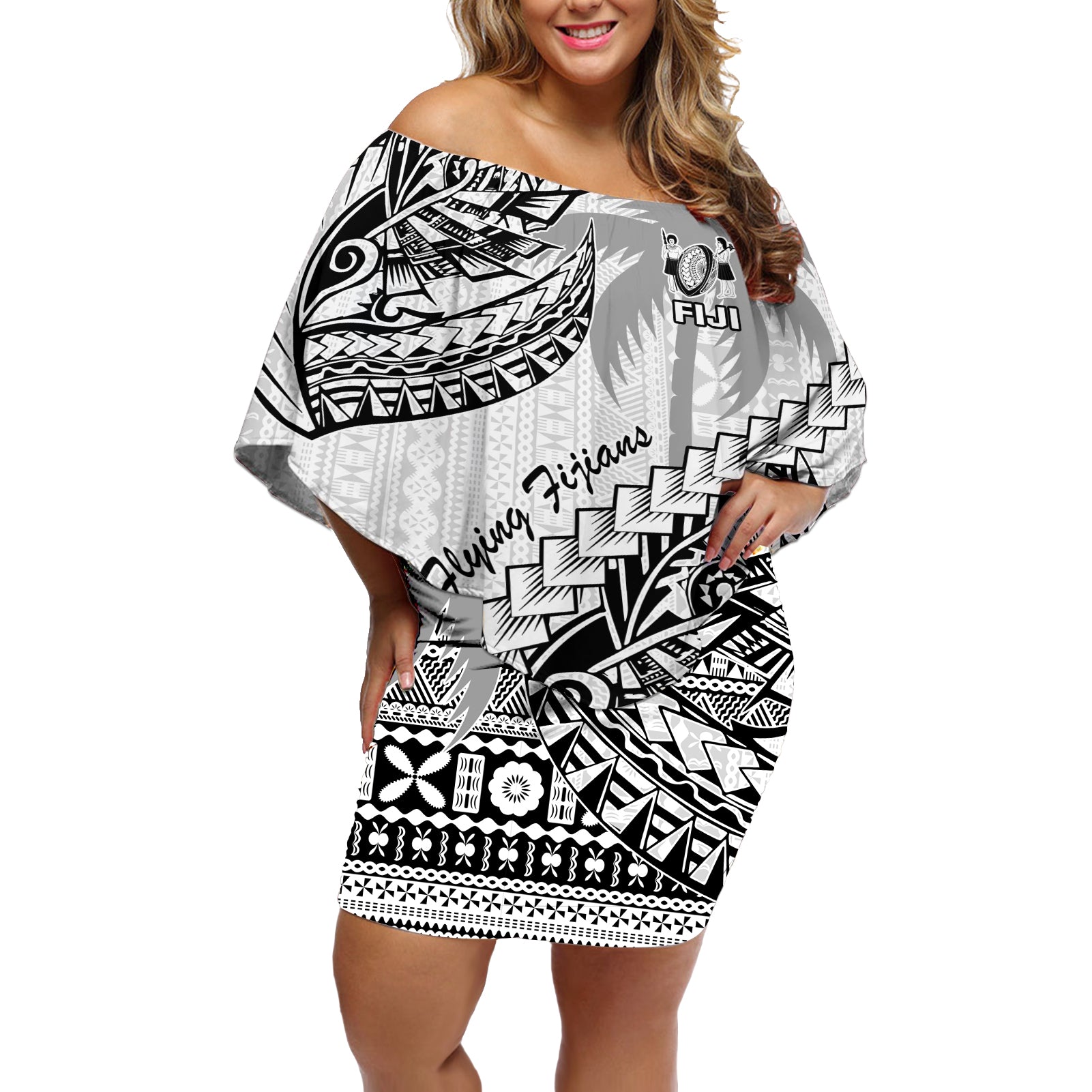 Fiji Rugby Off Shoulder Short Dress Kaiviti Fijian Tribal World Cup White LT9 Women White - Polynesian Pride