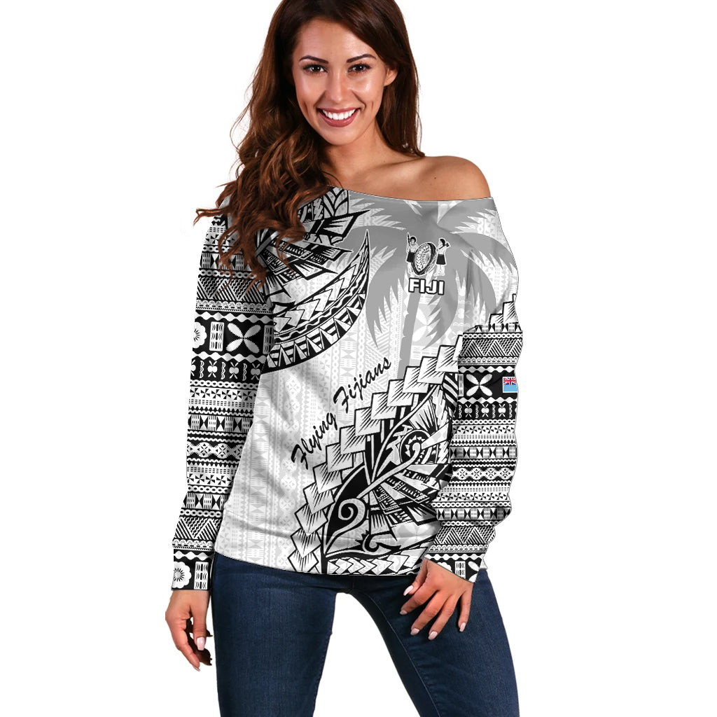 Fiji Rugby Off Shoulder Sweater Kaiviti Fijian Tribal World Cup White LT9 Women White - Polynesian Pride