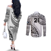 Custom Fiji Rugby Couples Matching Off The Shoulder Long Sleeve Dress and Long Sleeve Button Shirt Kaiviti Fijian Tribal World Cup White LT9 - Polynesian Pride