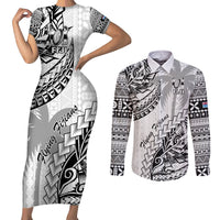 Custom Fiji Rugby Couples Matching Short Sleeve Bodycon Dress and Long Sleeve Button Shirt Kaiviti Fijian Tribal World Cup White LT9 White - Polynesian Pride