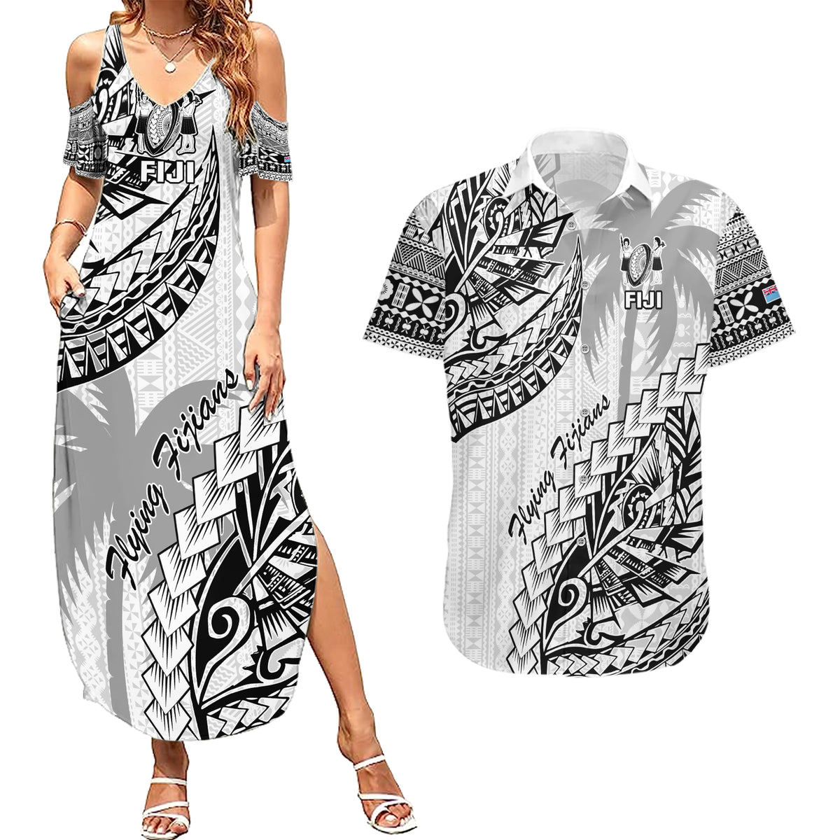 Custom Fiji Rugby Couples Matching Summer Maxi Dress and Hawaiian Shirt Kaiviti Fijian Tribal World Cup White LT9 White - Polynesian Pride