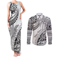 Custom Fiji Rugby Couples Matching Tank Maxi Dress and Long Sleeve Button Shirt Kaiviti Fijian Tribal World Cup White LT9 White - Polynesian Pride