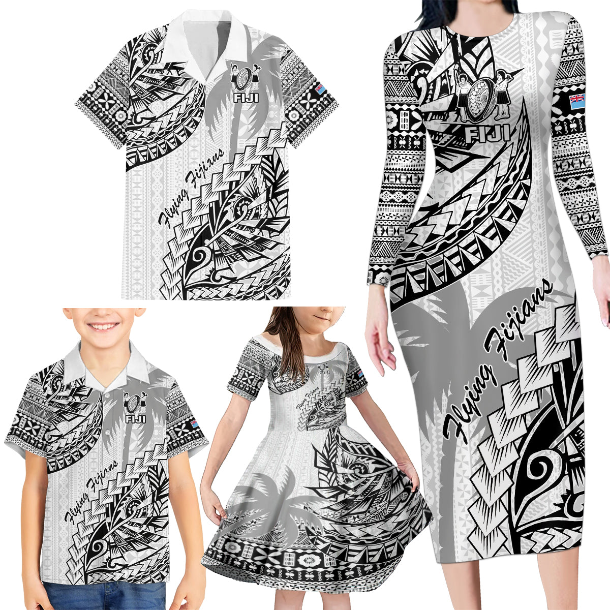 Custom Fiji Rugby Family Matching Long Sleeve Bodycon Dress and Hawaiian Shirt Kaiviti Fijian Tribal World Cup White LT9 - Polynesian Pride