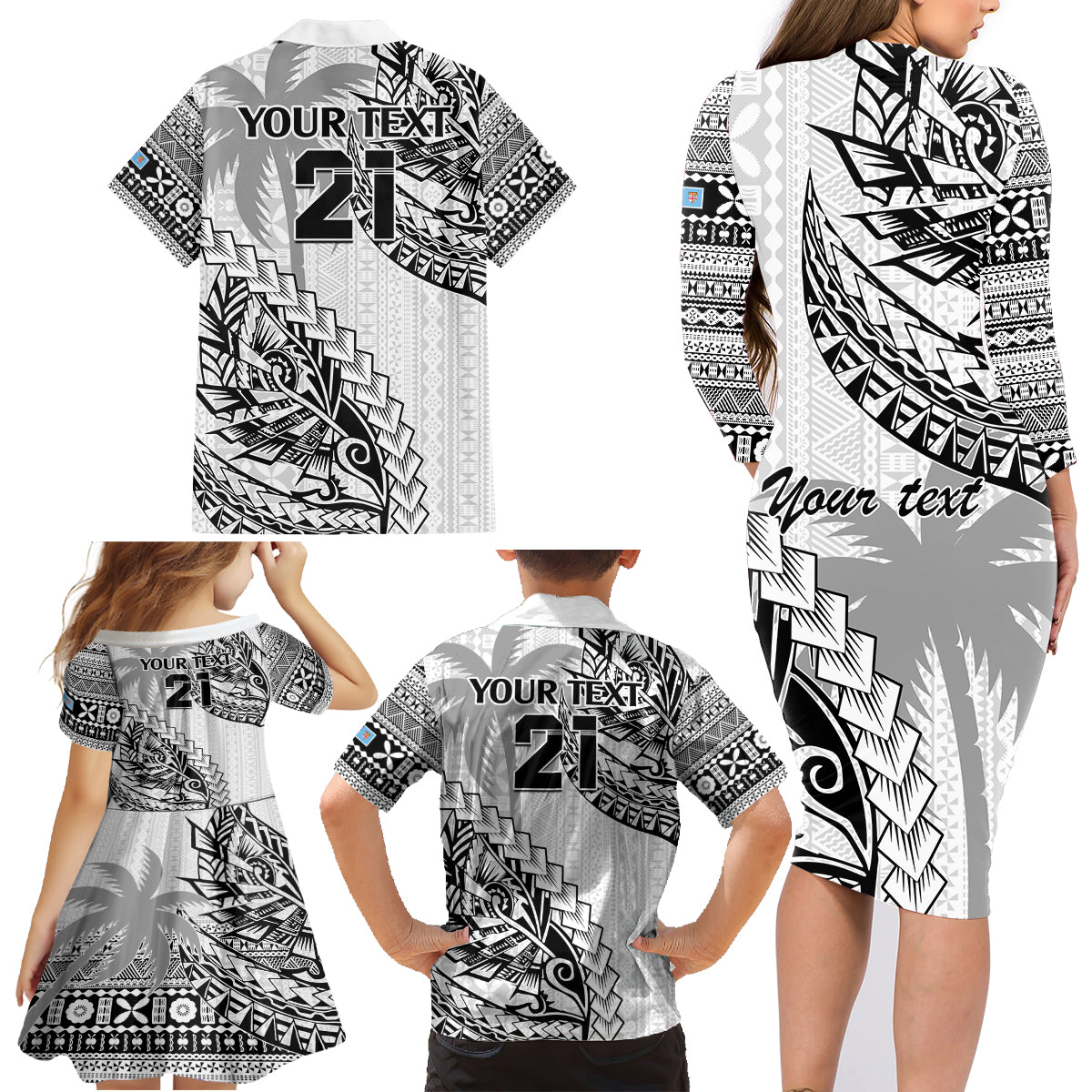 Custom Fiji Rugby Family Matching Long Sleeve Bodycon Dress and Hawaiian Shirt Kaiviti Fijian Tribal World Cup White LT9 - Polynesian Pride