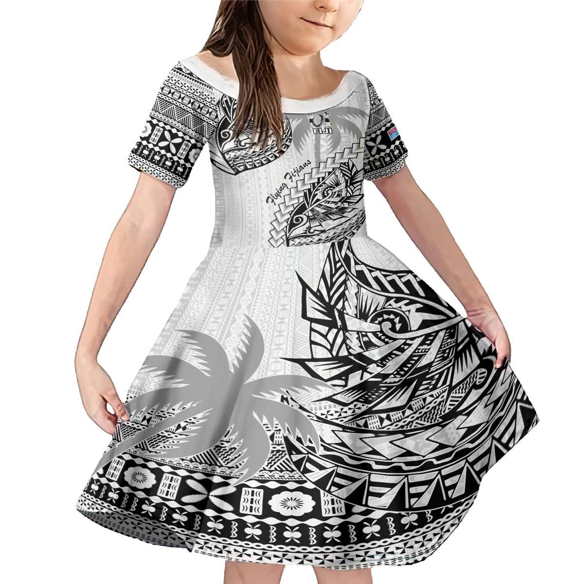 Custom Fiji Rugby Family Matching Mermaid Dress and Hawaiian Shirt Kaiviti Fijian Tribal World Cup White LT9 Daughter's Dress White - Polynesian Pride