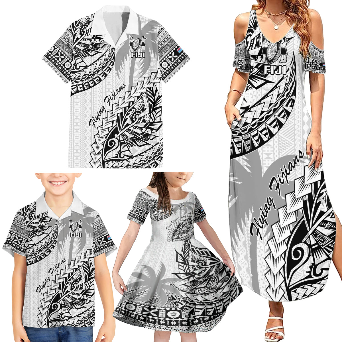 Custom Fiji Rugby Family Matching Summer Maxi Dress and Hawaiian Shirt Kaiviti Fijian Tribal World Cup White LT9 - Polynesian Pride