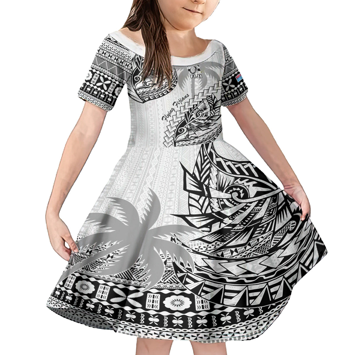 Custom Fiji Rugby Kid Short Sleeve Dress Kaiviti Fijian Tribal World Cup White LT9 KID White - Polynesian Pride