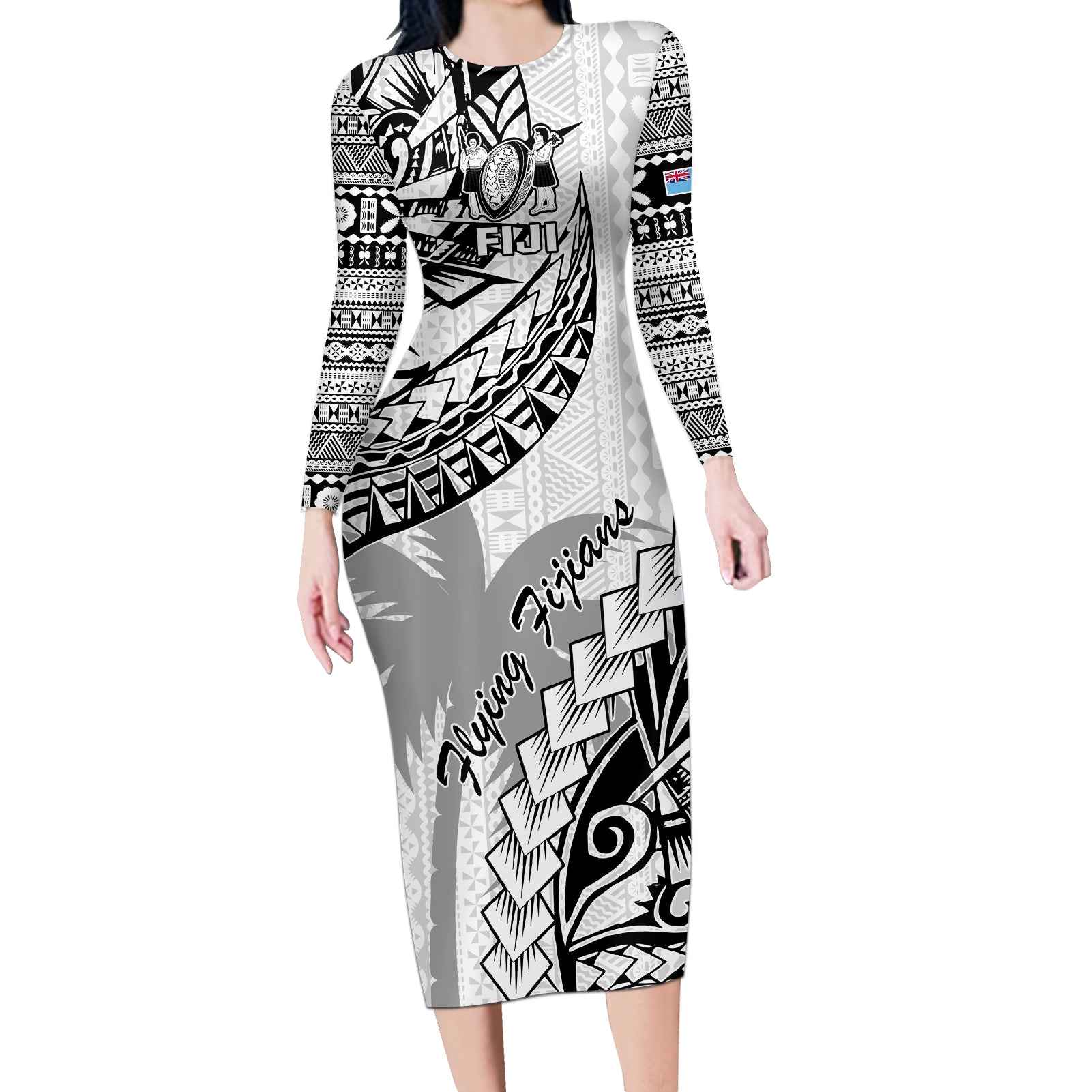 Custom Fiji Rugby Long Sleeve Bodycon Dress Kaiviti Fijian Tribal World Cup White LT9 Long Dress White - Polynesian Pride