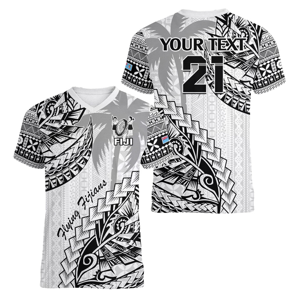 Custom Fiji Rugby Women V Neck T Shirt Kaiviti Fijian Tribal World Cup White LT9 - Polynesian Pride