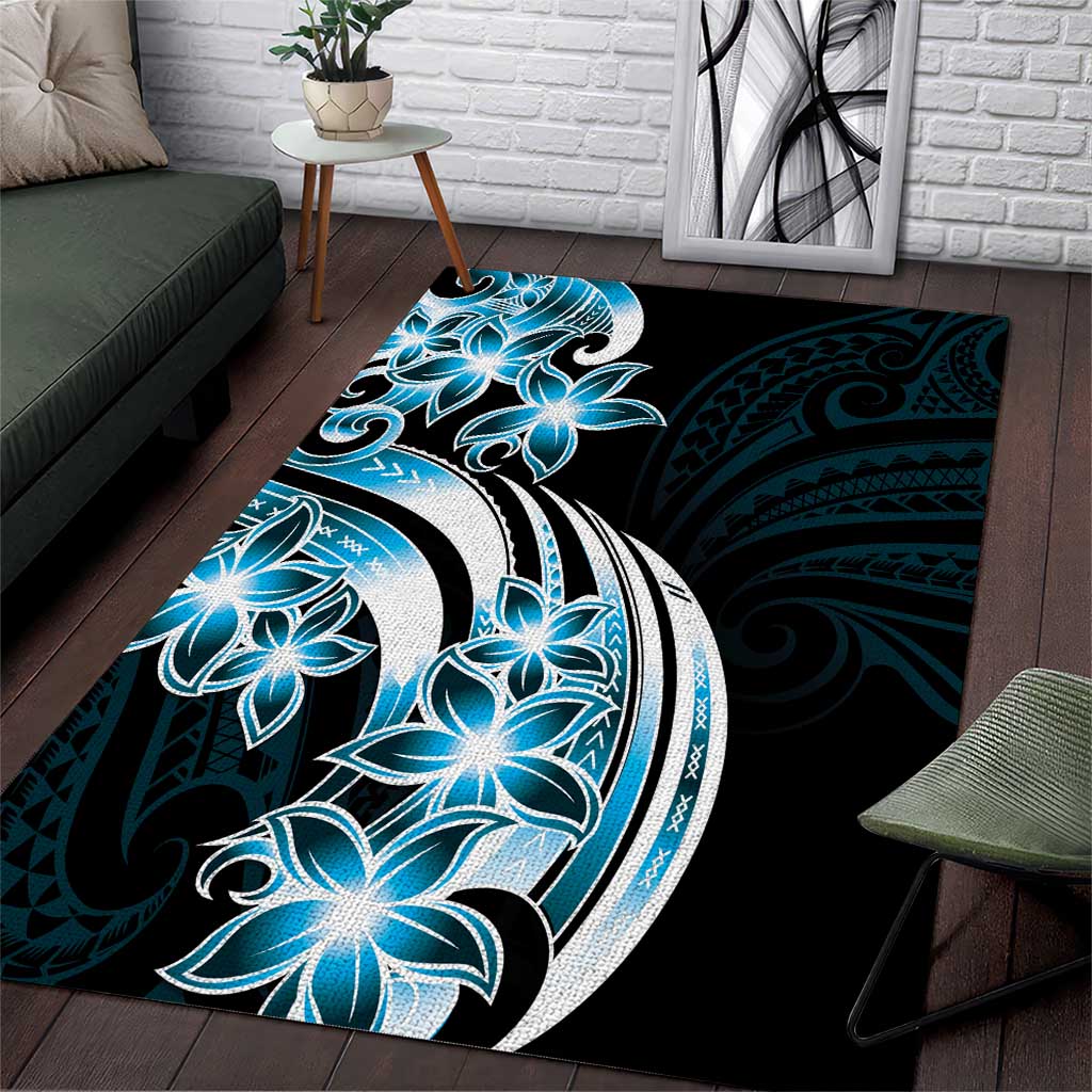 Plumeria Tribal Tattoo Area Rug Blue Polynesian Pattern