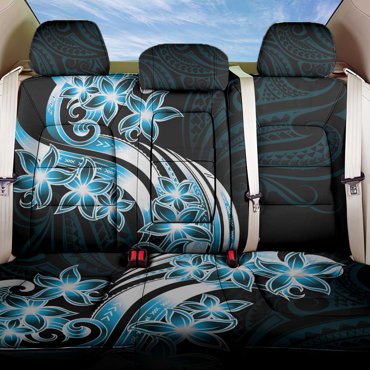 Plumeria Tribal Tattoo Back Car Seat Cover Blue Polynesian Pattern