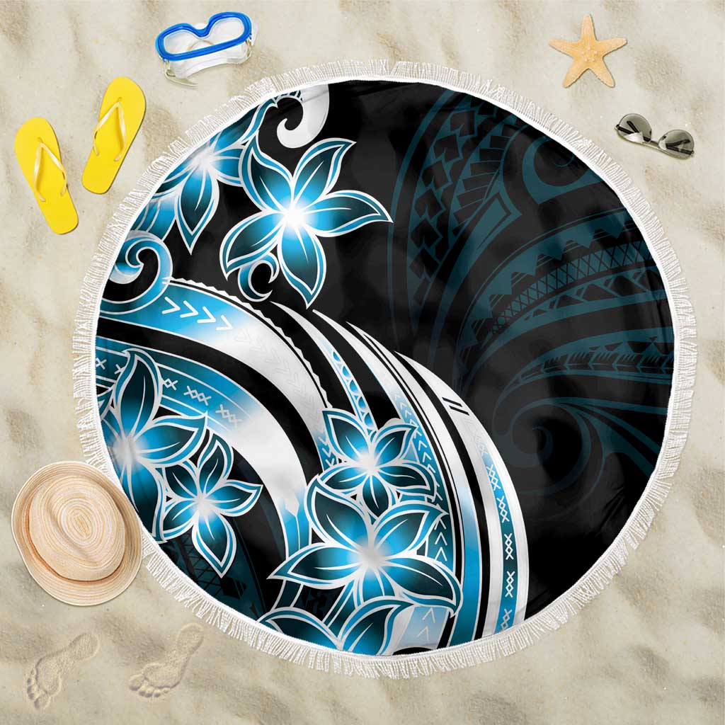 Plumeria Tribal Tattoo Beach Blanket Blue Polynesian Pattern