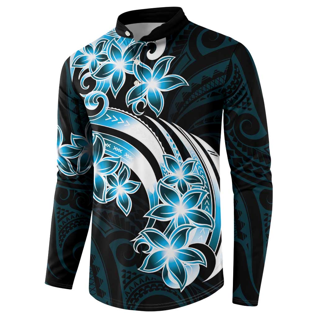 Plumeria Tribal Tattoo Button Sweatshirt Blue Polynesian Pattern LT9 - Polynesian Pride