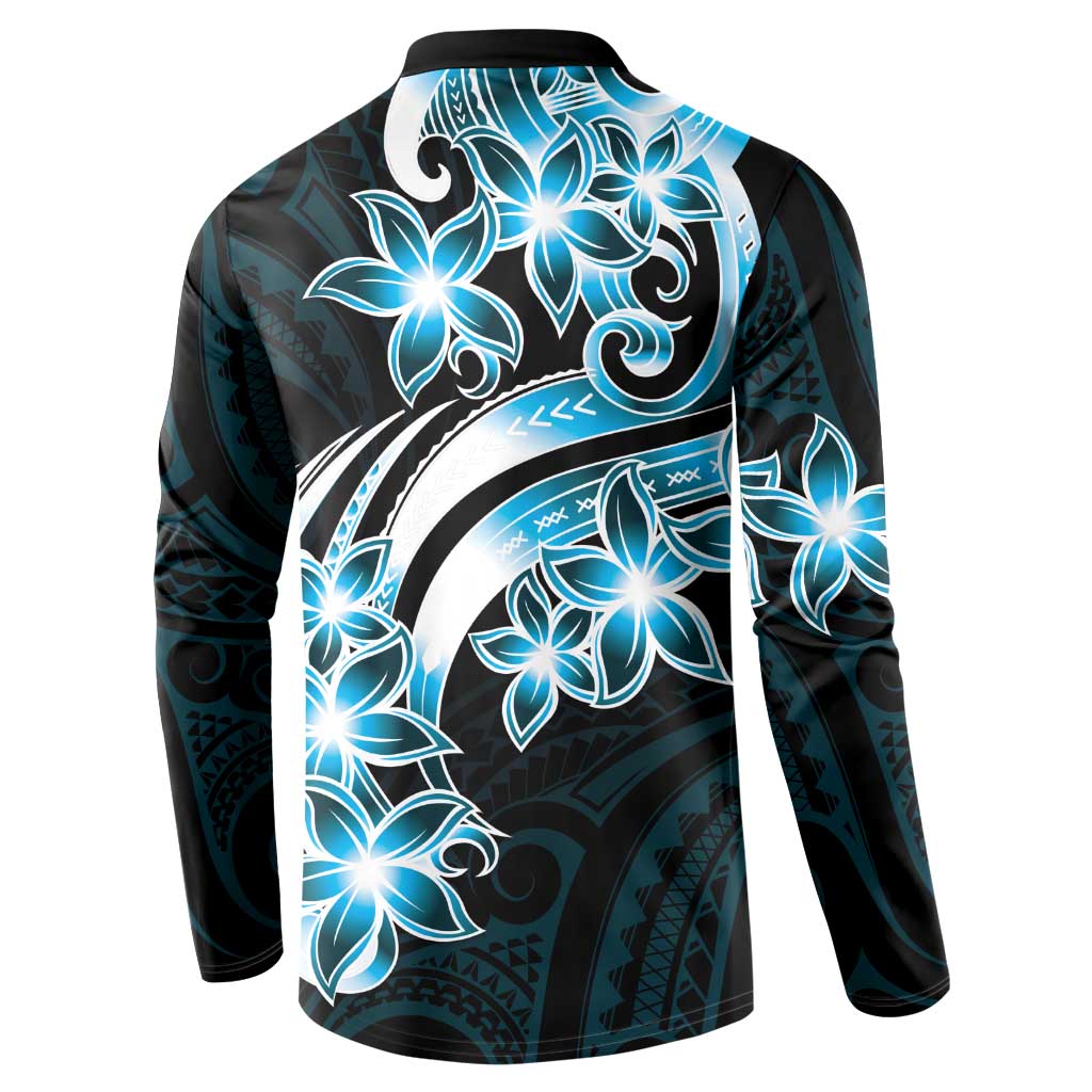 Plumeria Tribal Tattoo Button Sweatshirt Blue Polynesian Pattern LT9 - Polynesian Pride