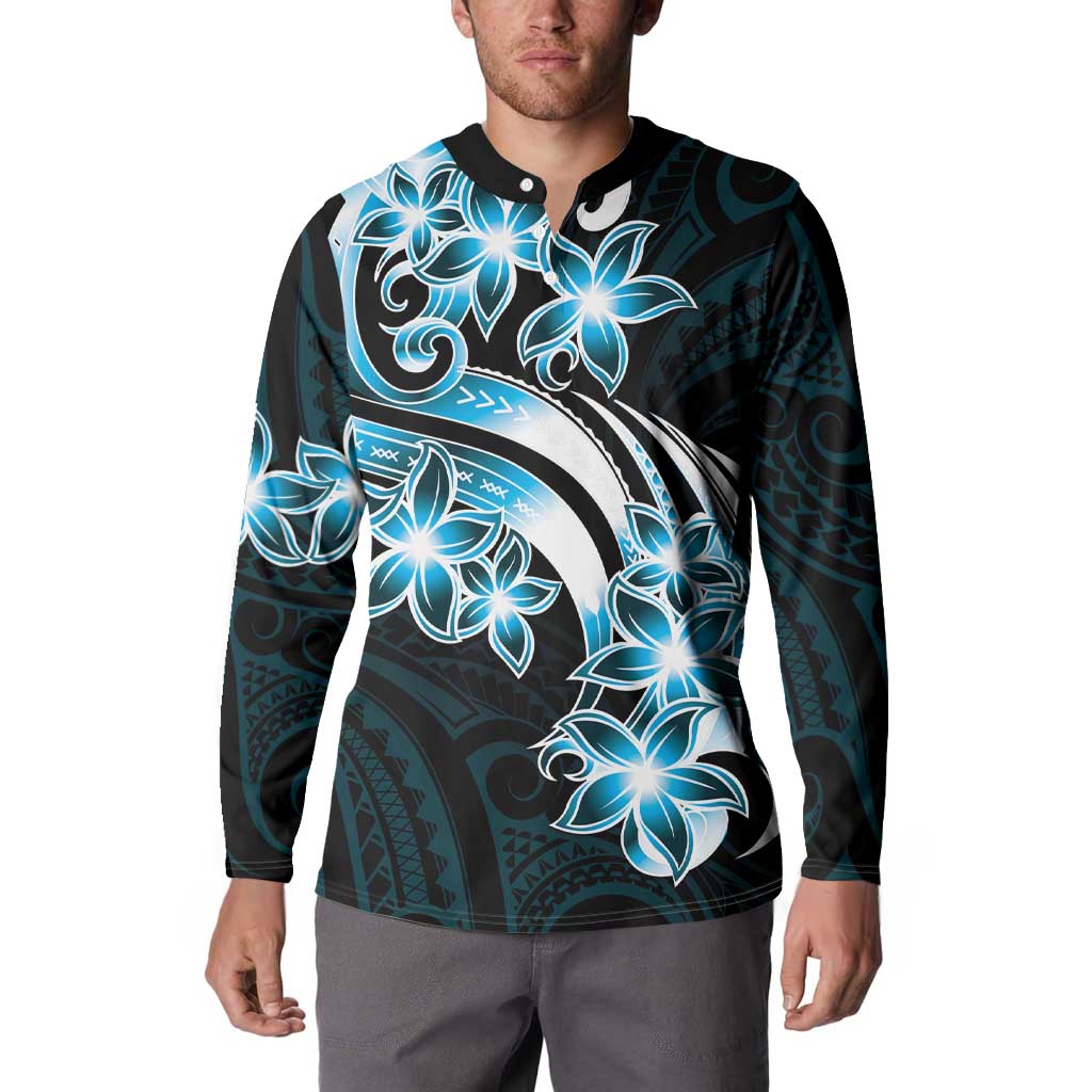 Plumeria Tribal Tattoo Button Sweatshirt Blue Polynesian Pattern LT9 - Polynesian Pride