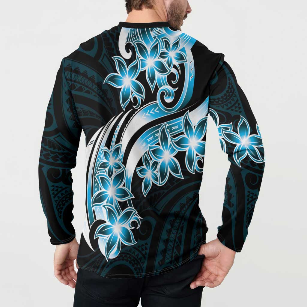 Plumeria Tribal Tattoo Button Sweatshirt Blue Polynesian Pattern LT9 - Polynesian Pride