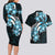 Plumeria Tribal Tattoo Couples Matching Long Sleeve Bodycon Dress and Hawaiian Shirt Blue Polynesian Pattern