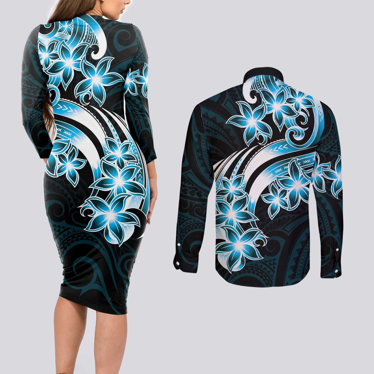 Plumeria Tribal Tattoo Couples Matching Long Sleeve Bodycon Dress and Long Sleeve Button Shirt Blue Polynesian Pattern LT9 - Polynesian Pride