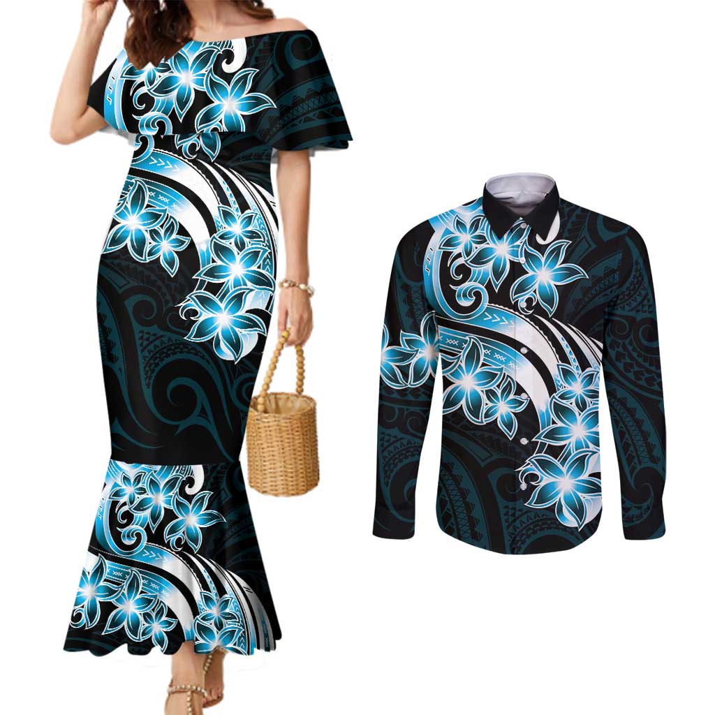 Plumeria Tribal Tattoo Couples Matching Mermaid Dress and Long Sleeve Button Shirt Blue Polynesian Pattern LT9 Blue - Polynesian Pride