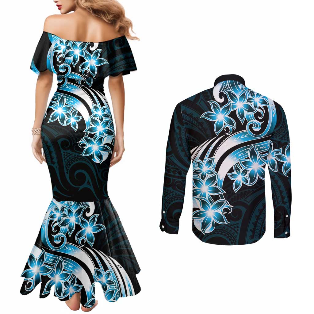 Plumeria Tribal Tattoo Couples Matching Mermaid Dress and Long Sleeve Button Shirt Blue Polynesian Pattern LT9 - Polynesian Pride