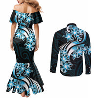 Plumeria Tribal Tattoo Couples Matching Mermaid Dress and Long Sleeve Button Shirt Blue Polynesian Pattern LT9 - Polynesian Pride