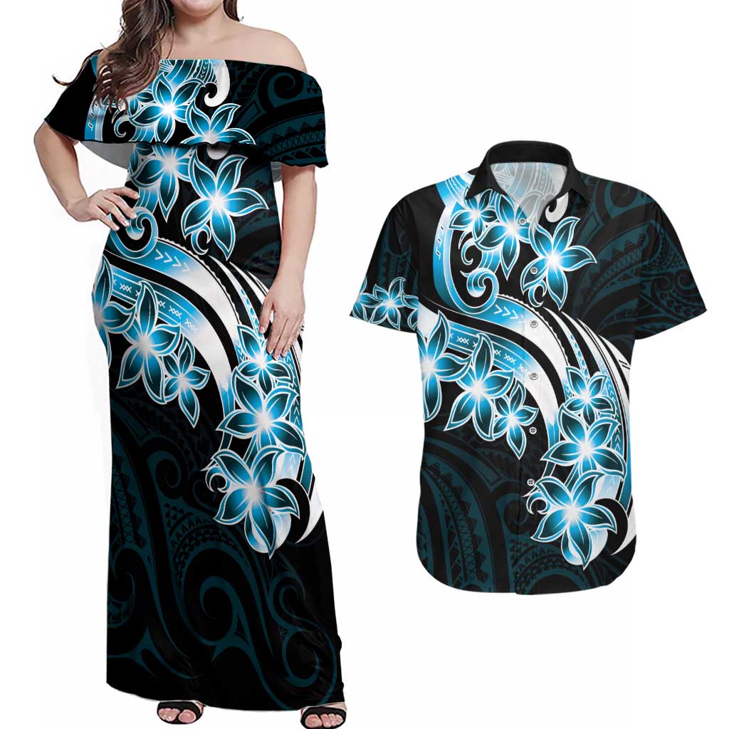 Plumeria Tribal Tattoo Couples Matching Off Shoulder Maxi Dress and Hawaiian Shirt Blue Polynesian Pattern