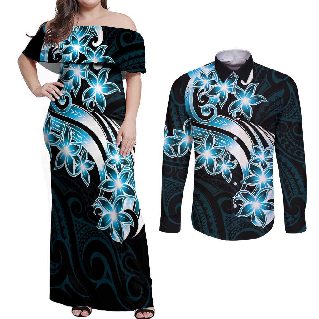 Plumeria Tribal Tattoo Couples Matching Off Shoulder Maxi Dress and Long Sleeve Button Shirt Blue Polynesian Pattern LT9 Blue - Polynesian Pride