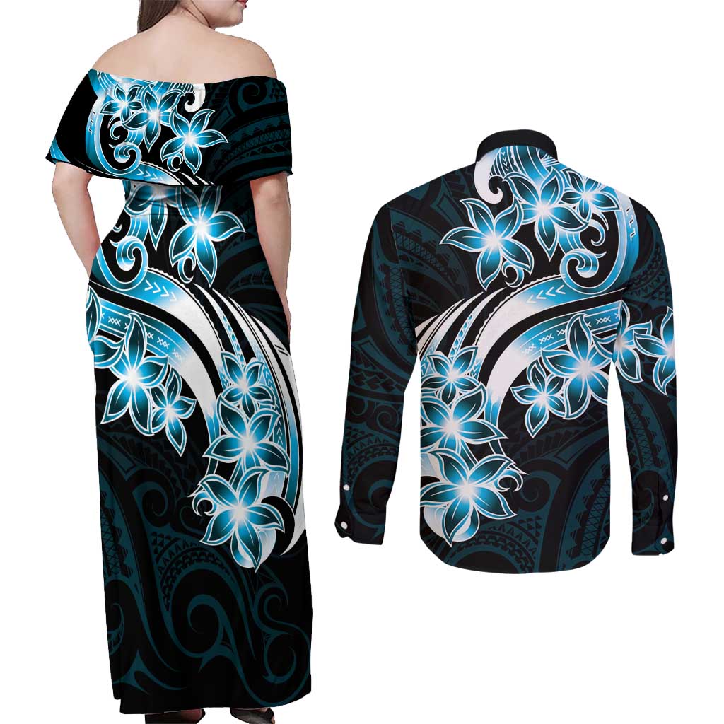 Plumeria Tribal Tattoo Couples Matching Off Shoulder Maxi Dress and Long Sleeve Button Shirt Blue Polynesian Pattern LT9 - Polynesian Pride