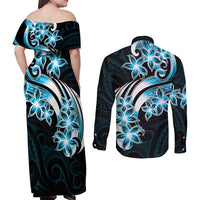 Plumeria Tribal Tattoo Couples Matching Off Shoulder Maxi Dress and Long Sleeve Button Shirt Blue Polynesian Pattern LT9 - Polynesian Pride