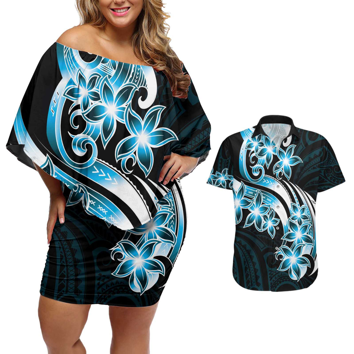 Plumeria Tribal Tattoo Couples Matching Off Shoulder Short Dress and Hawaiian Shirt Blue Polynesian Pattern LT9 Blue - Polynesian Pride