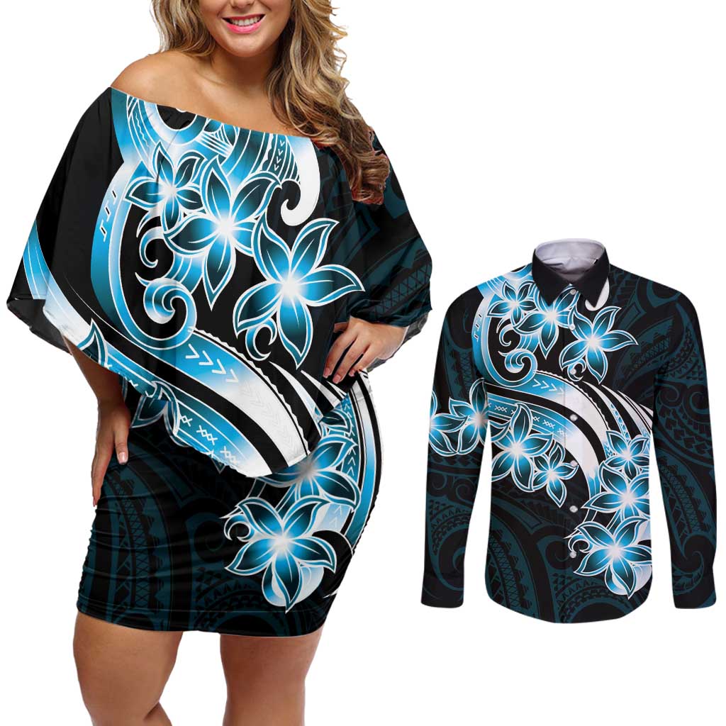 Plumeria Tribal Tattoo Couples Matching Off Shoulder Short Dress and Long Sleeve Button Shirt Blue Polynesian Pattern LT9 Blue - Polynesian Pride