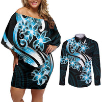 Plumeria Tribal Tattoo Couples Matching Off Shoulder Short Dress and Long Sleeve Button Shirt Blue Polynesian Pattern LT9 Blue - Polynesian Pride