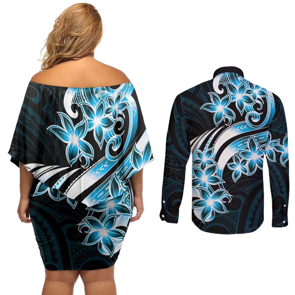Plumeria Tribal Tattoo Couples Matching Off Shoulder Short Dress and Long Sleeve Button Shirt Blue Polynesian Pattern LT9 - Polynesian Pride