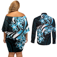 Plumeria Tribal Tattoo Couples Matching Off Shoulder Short Dress and Long Sleeve Button Shirt Blue Polynesian Pattern LT9 - Polynesian Pride