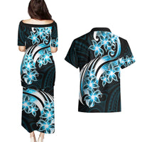 Plumeria Tribal Tattoo Couples Matching Puletasi and Hawaiian Shirt Blue Polynesian Pattern LT9 - Polynesian Pride
