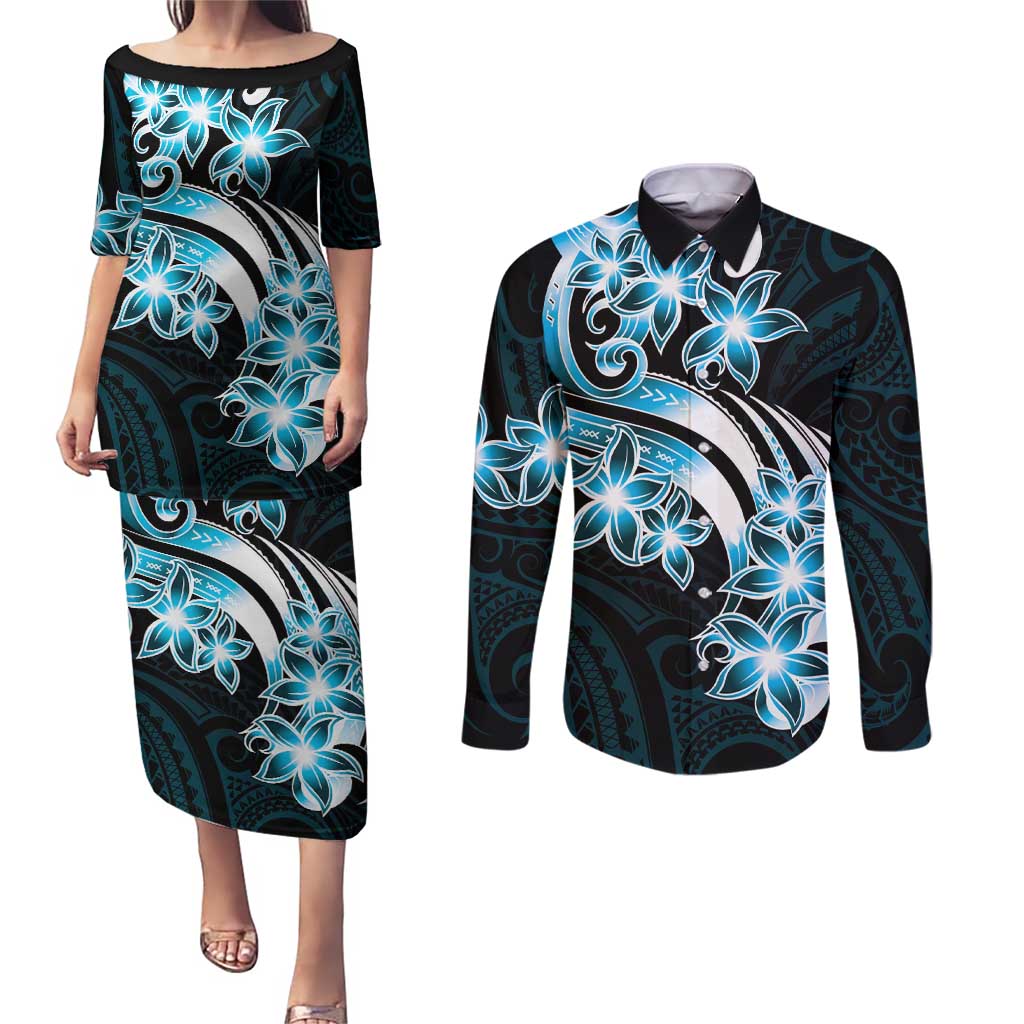 Plumeria Tribal Tattoo Couples Matching Puletasi and Long Sleeve Button Shirt Blue Polynesian Pattern LT9 Blue - Polynesian Pride