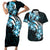 Plumeria Tribal Tattoo Couples Matching Short Sleeve Bodycon Dress and Hawaiian Shirt Blue Polynesian Pattern