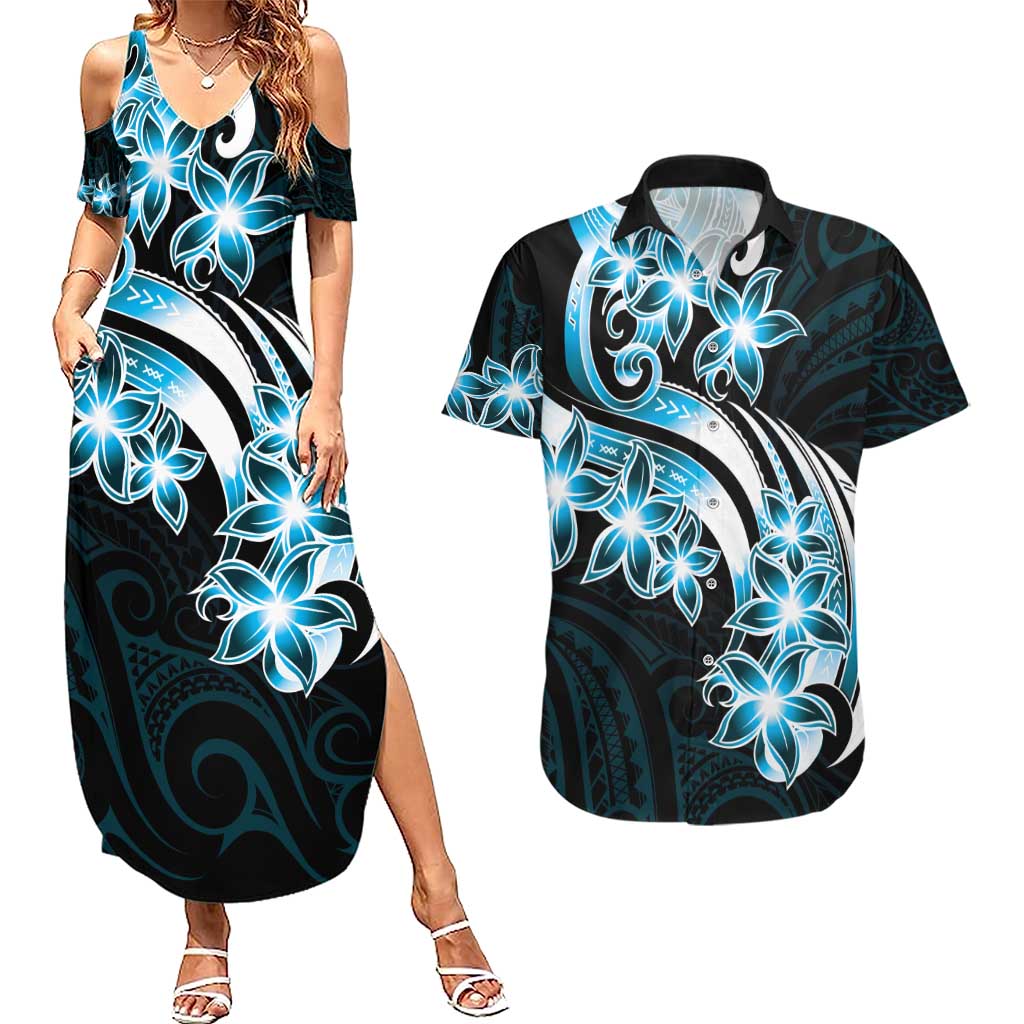 Plumeria Tribal Tattoo Couples Matching Summer Maxi Dress and Hawaiian Shirt Blue Polynesian Pattern LT9 Blue - Polynesian Pride
