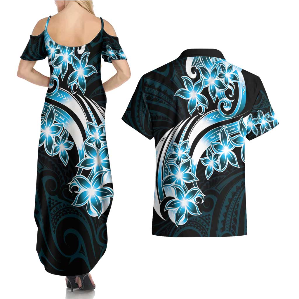 Plumeria Tribal Tattoo Couples Matching Summer Maxi Dress and Hawaiian Shirt Blue Polynesian Pattern LT9 - Polynesian Pride