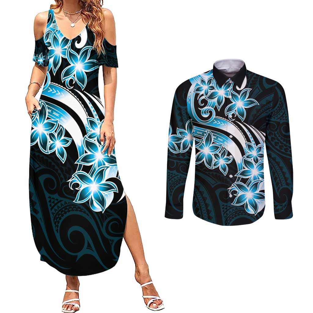 Plumeria Tribal Tattoo Couples Matching Summer Maxi Dress and Long Sleeve Button Shirt Blue Polynesian Pattern LT9 Blue - Polynesian Pride