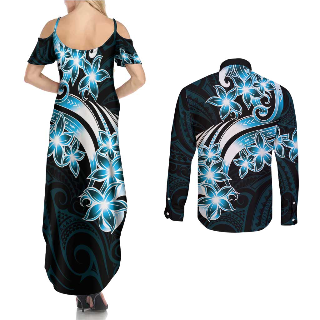 Plumeria Tribal Tattoo Couples Matching Summer Maxi Dress and Long Sleeve Button Shirt Blue Polynesian Pattern LT9 - Polynesian Pride