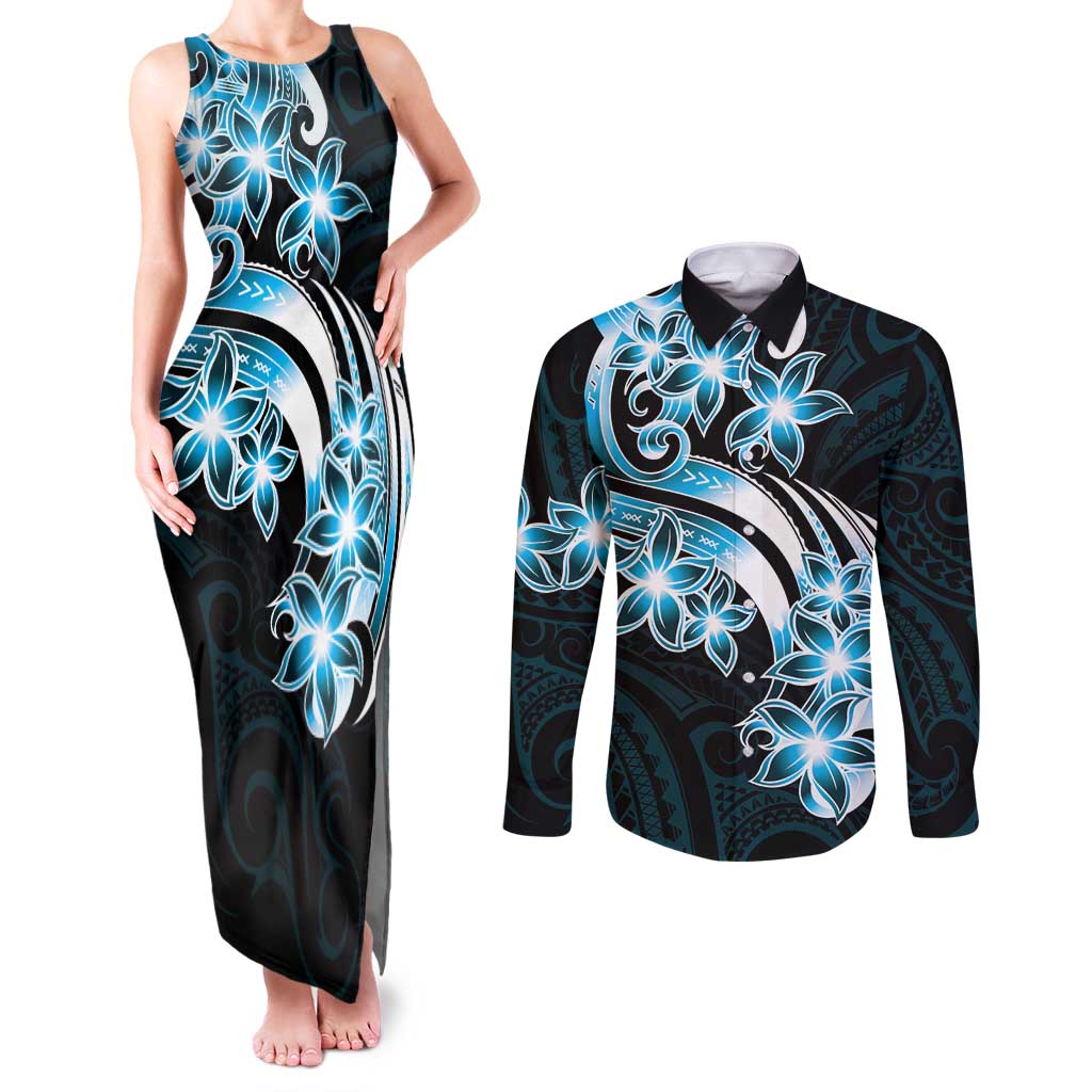 Plumeria Tribal Tattoo Couples Matching Tank Maxi Dress and Long Sleeve Button Shirt Blue Polynesian Pattern LT9 Blue - Polynesian Pride