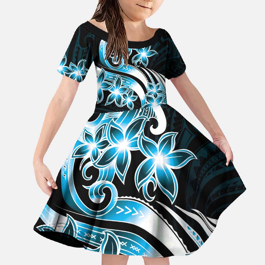 Plumeria Tribal Tattoo Family Matching Long Sleeve Bodycon Dress and Hawaiian Shirt Blue Polynesian Pattern LT9 Daughter's Dress Blue - Polynesian Pride