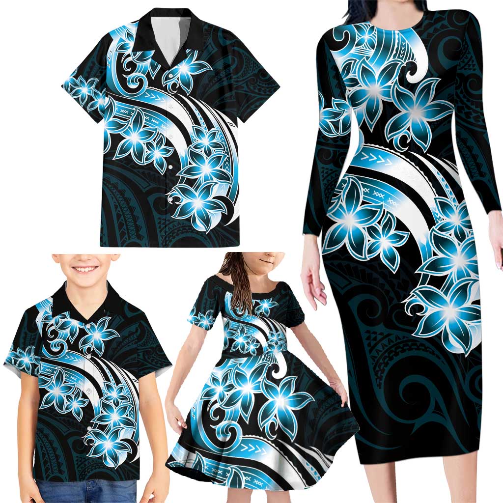 Plumeria Tribal Tattoo Family Matching Long Sleeve Bodycon Dress and Hawaiian Shirt Blue Polynesian Pattern