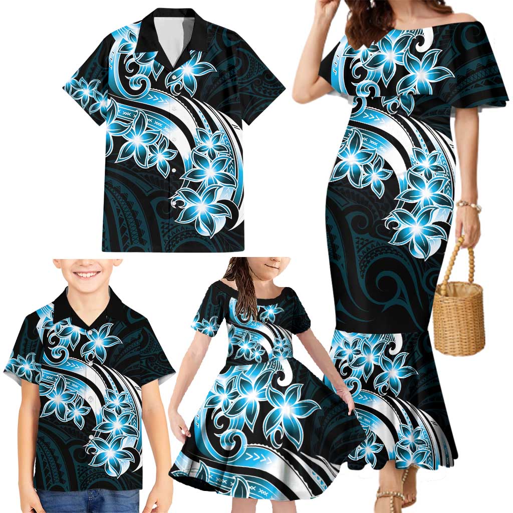 Plumeria Tribal Tattoo Family Matching Mermaid Dress and Hawaiian Shirt Blue Polynesian Pattern