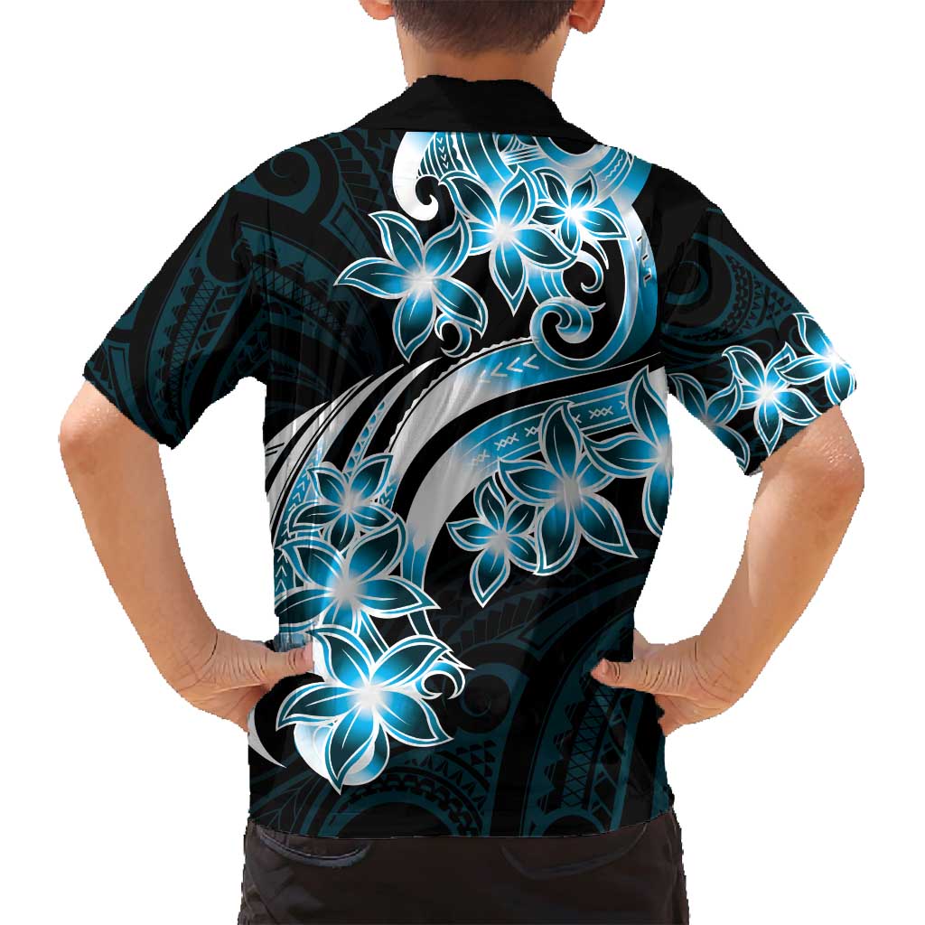 Plumeria Tribal Tattoo Family Matching Off Shoulder Maxi Dress and Hawaiian Shirt Blue Polynesian Pattern LT9 - Polynesian Pride
