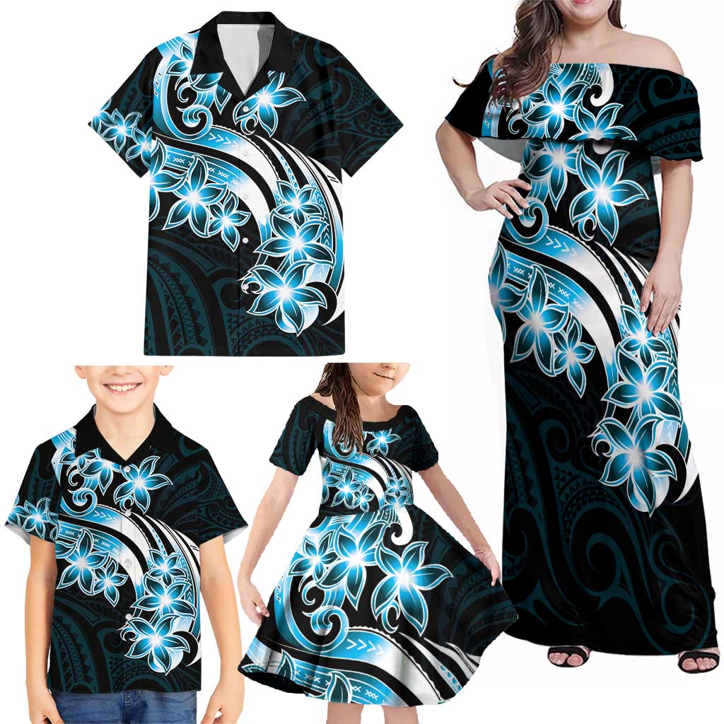 Plumeria Tribal Tattoo Family Matching Off Shoulder Maxi Dress and Hawaiian Shirt Blue Polynesian Pattern